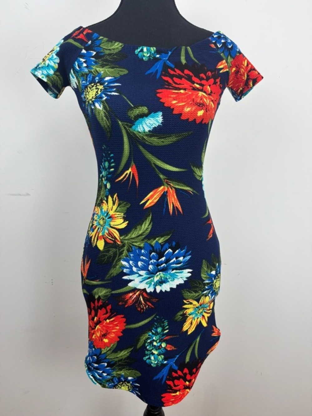Revamped Floral Bodycon Mini Dress Navy Blue Off Shoulder Stretch Fitted Summer